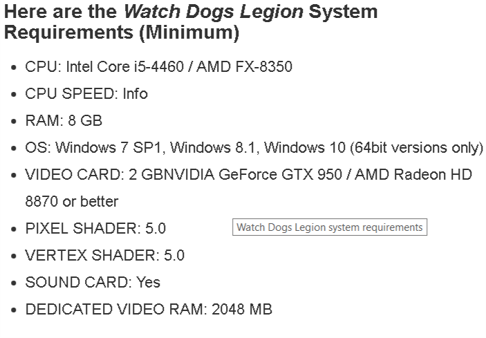 Watch Dogs: Legion System Requirements