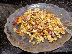 Scrambled Eggs and bacon cubes I had for dinner on Friday the 13th of March.