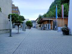 A look down the Shopping Mile, on the right you've got the Center of Liechtenstein which is a Tourist Information station.