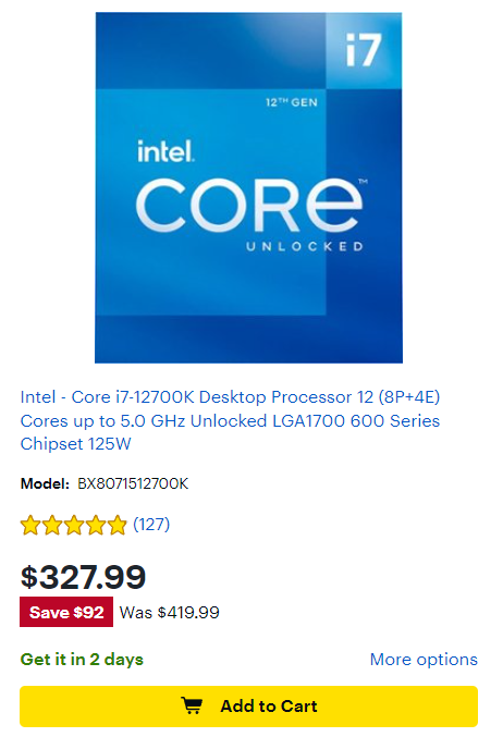 Intel Core Unlocked i7-12700K 12th Generation BX8071512700K