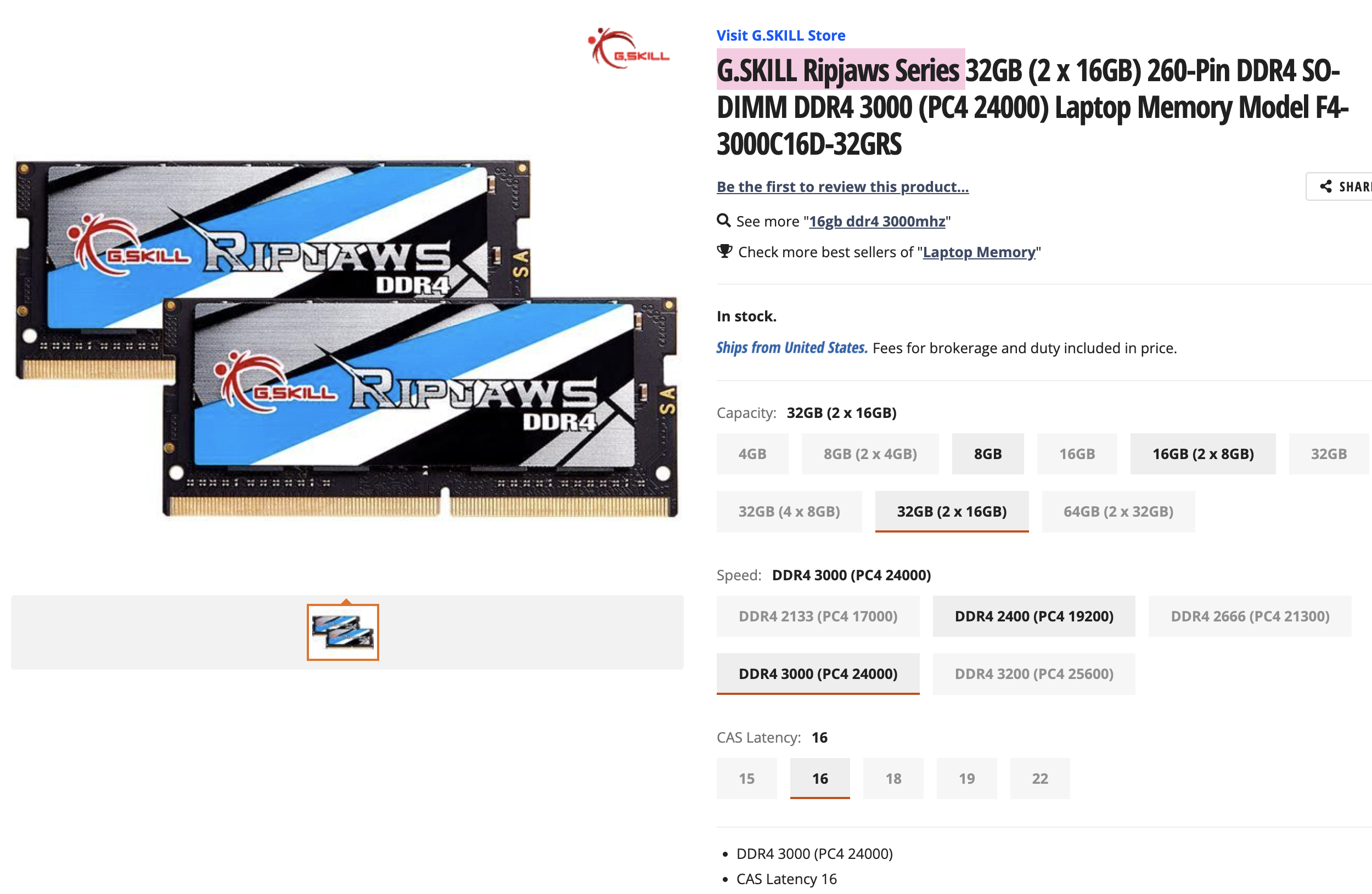 SODIMM G.SKILL RipJaws 16Go DDR4 3200MHz