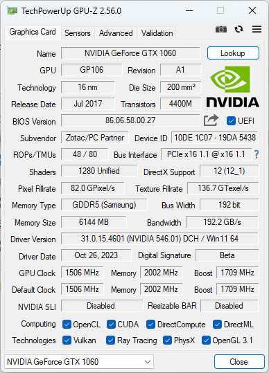 Gtx 1060 6gb discount gpuz