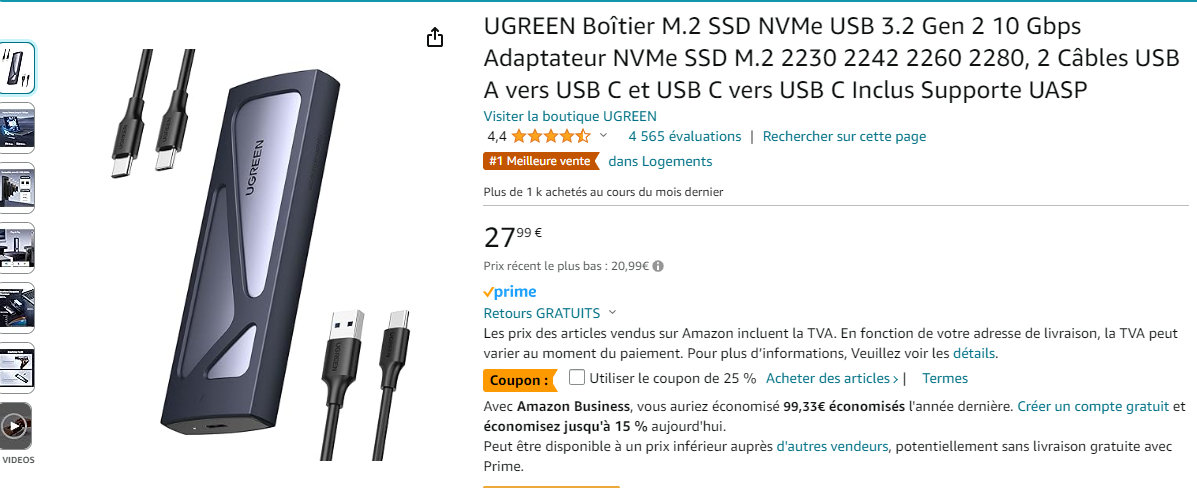 Boîtier M.2 SSD NVMe UGREEN - 10 Gbps USB 3.2 Gen 2 Adaptateur –